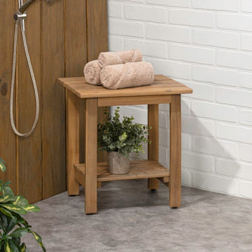Kellie 16.1" Cottage Classic Slatted Solid Acacia Wood Indoor/Outdoor Shower Bench with Shelf